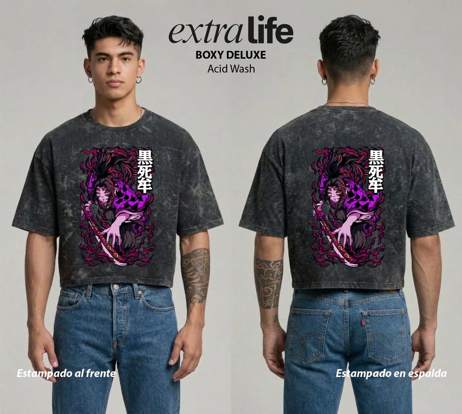 Playera streetwear premium de anime y gaming ExtraLife MX, corte boxy deluxe mineral wash heavyweight en color Acid Wash, moda urbana mexicana de culto.