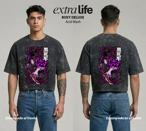 Playera streetwear premium de anime y gaming ExtraLife MX, corte boxy deluxe mineral wash heavyweight en color Acid Wash, moda urbana mexicana de culto.