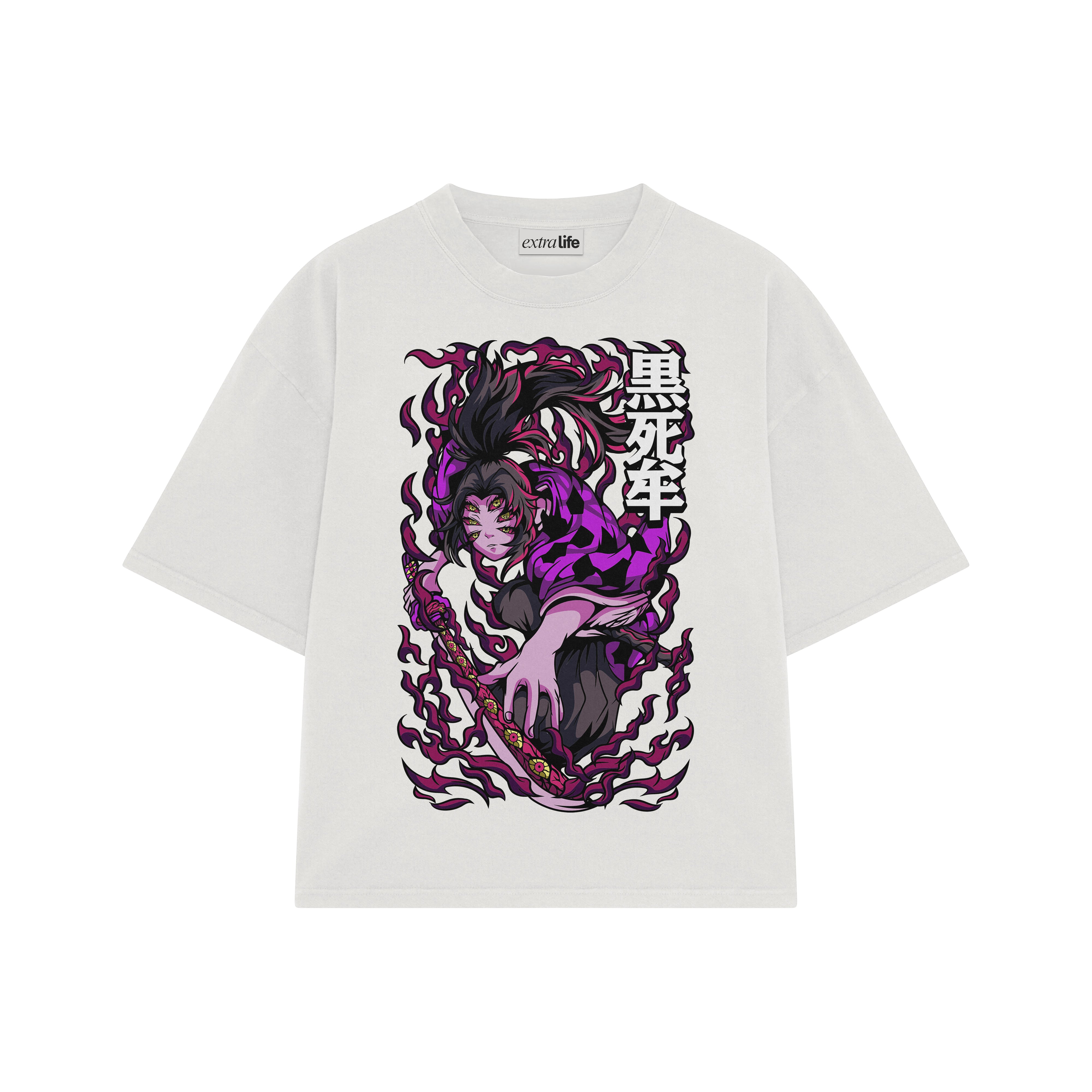 Playera streetwear premium de anime y gaming ExtraLife MX, corte boxy oversized drop shoulder heavyweight en color Deep Black y Off-White, moda urbana mexicana de culto.
