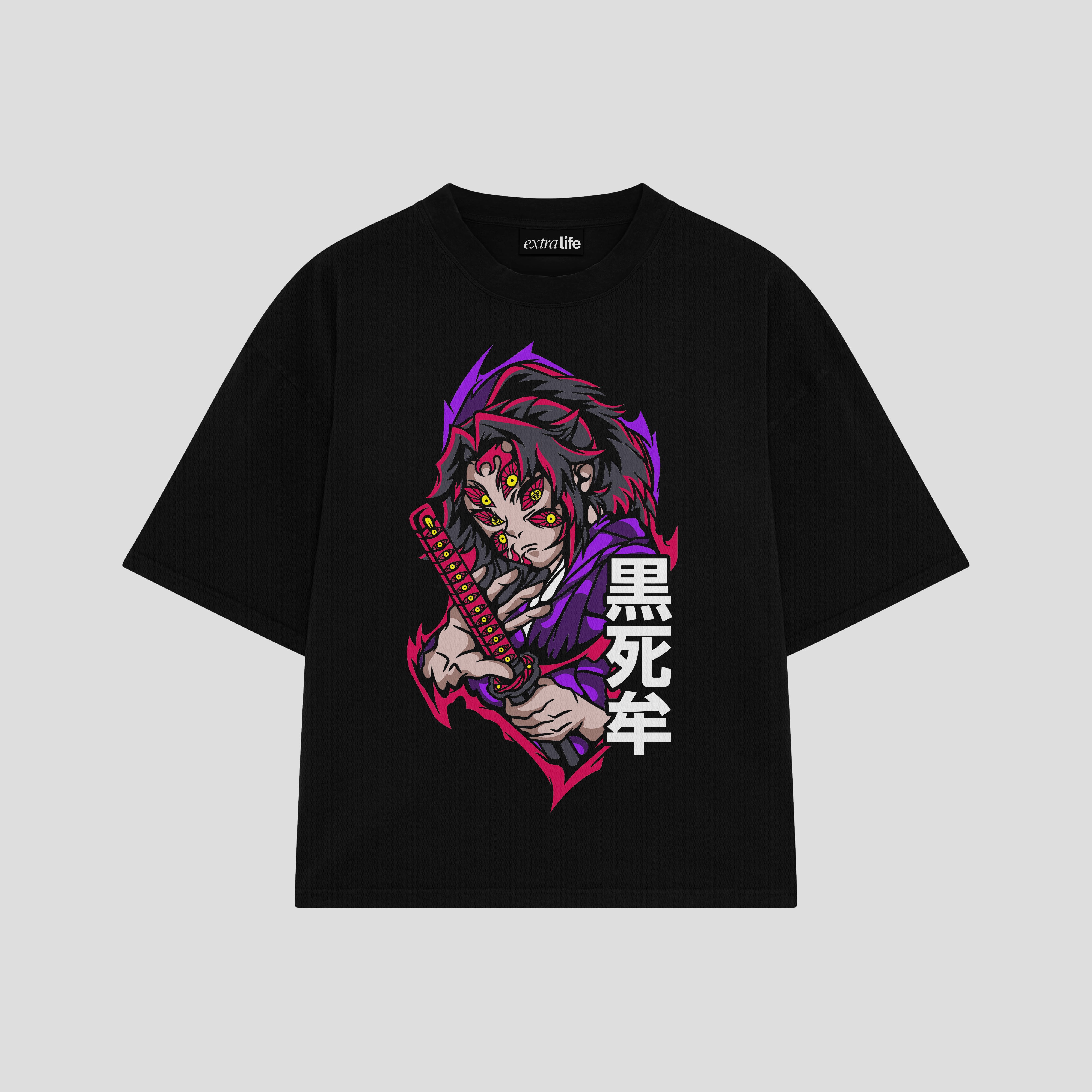 Playera streetwear premium de anime y gaming ExtraLife MX, corte boxy oversized drop shoulder heavyweight en color Deep Black y Off-White, moda urbana mexicana de culto.
