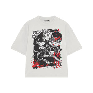 Playera streetwear premium de anime y gaming ExtraLife MX, corte boxy oversized drop shoulder heavyweight en color Deep Black y Off-White, moda urbana mexicana de culto.