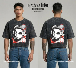 Playera streetwear premium de anime y gaming ExtraLife MX, corte boxy deluxe mineral wash heavyweight en color Acid Wash, moda urbana mexicana de culto.