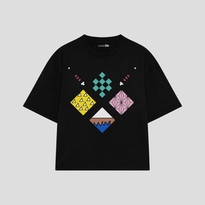 Playera streetwear premium de anime y gaming ExtraLife MX, corte boxy oversized drop shoulder heavyweight en color Deep Black y Off-White, moda urbana mexicana de culto.