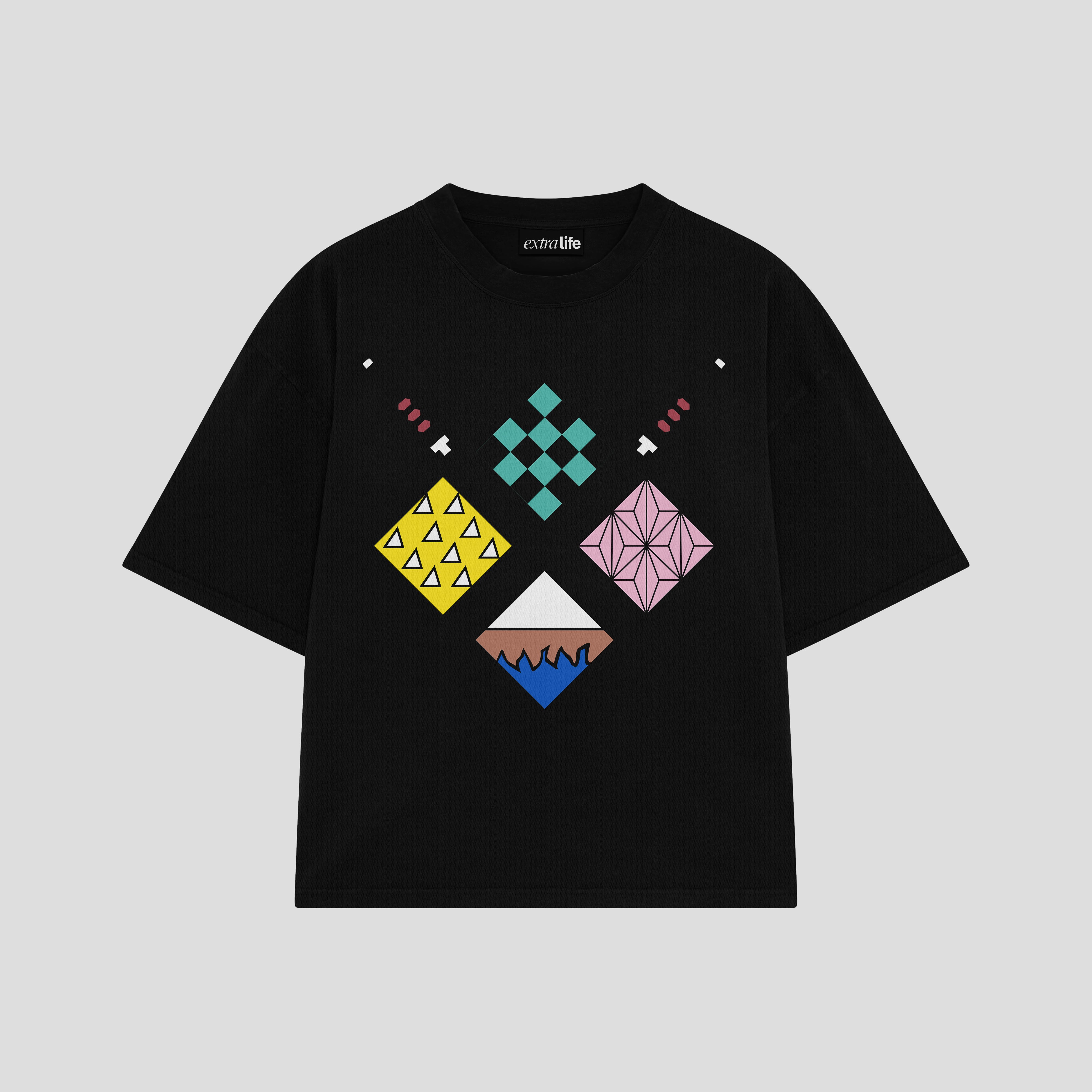 Playera streetwear premium de anime y gaming ExtraLife MX, corte boxy oversized drop shoulder heavyweight en color Deep Black y Off-White, moda urbana mexicana de culto.