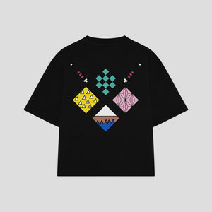 Playera streetwear premium de anime y gaming ExtraLife MX, corte boxy oversized drop shoulder heavyweight en color Deep Black y Off-White, moda urbana mexicana de culto.