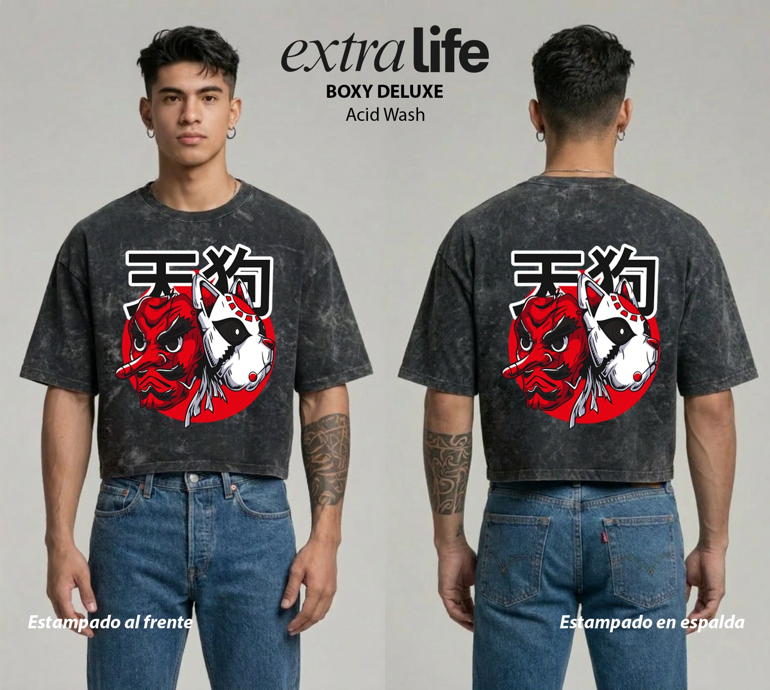 Playera streetwear premium de anime y gaming ExtraLife MX, corte boxy deluxe mineral wash heavyweight en color Acid Wash, moda urbana mexicana de culto.