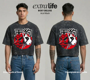 Playera streetwear premium de anime y gaming ExtraLife MX, corte boxy deluxe mineral wash heavyweight en color Acid Wash, moda urbana mexicana de culto.