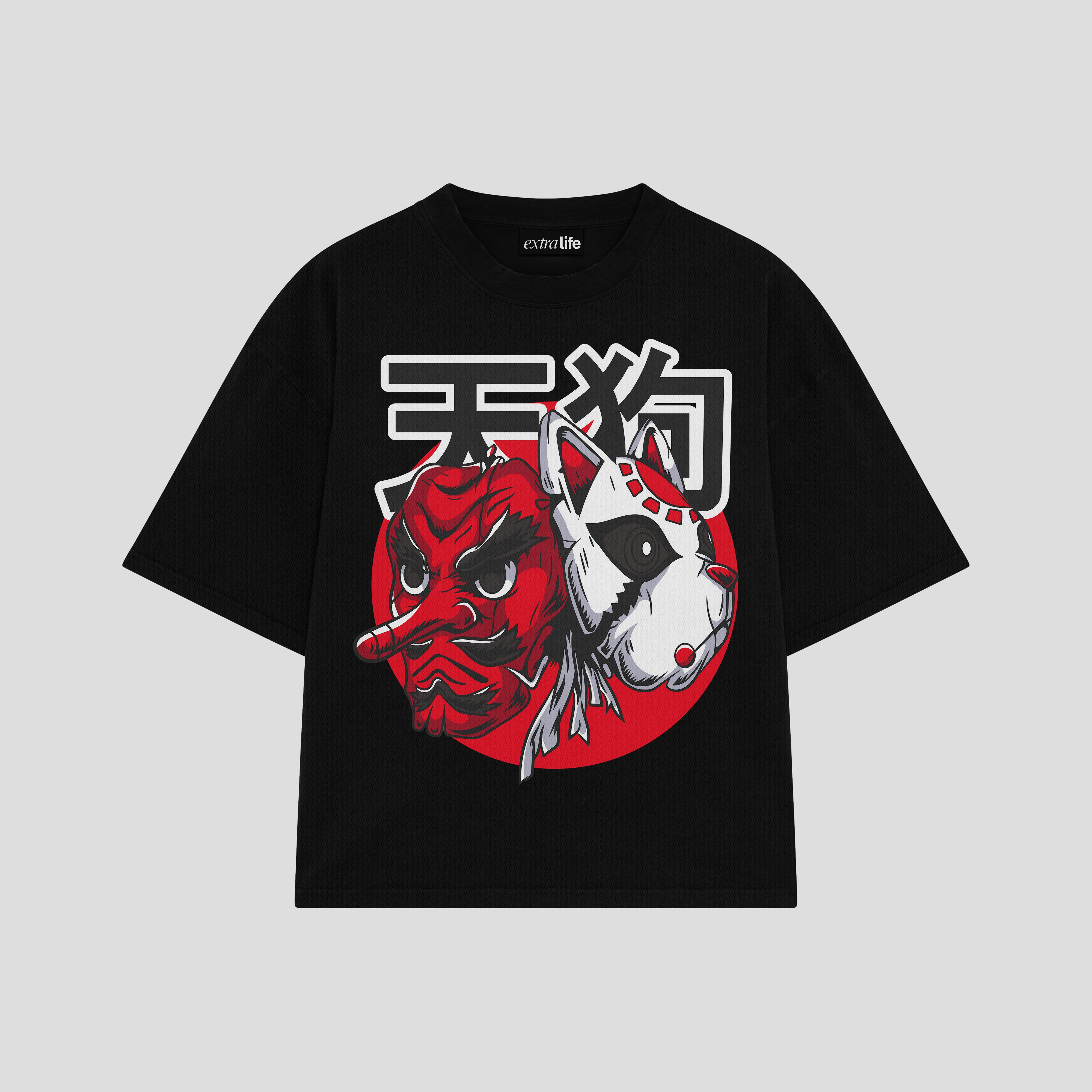 Playera streetwear premium de anime y gaming ExtraLife MX, corte boxy oversized drop shoulder heavyweight en color Deep Black y Off-White, moda urbana mexicana de culto.
