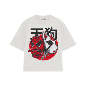 Playera streetwear premium de anime y gaming ExtraLife MX, corte boxy oversized drop shoulder heavyweight en color Deep Black y Off-White, moda urbana mexicana de culto.