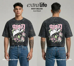 Playera streetwear premium de anime y gaming ExtraLife MX, corte boxy deluxe mineral wash heavyweight en color Acid Wash, moda urbana mexicana de culto.