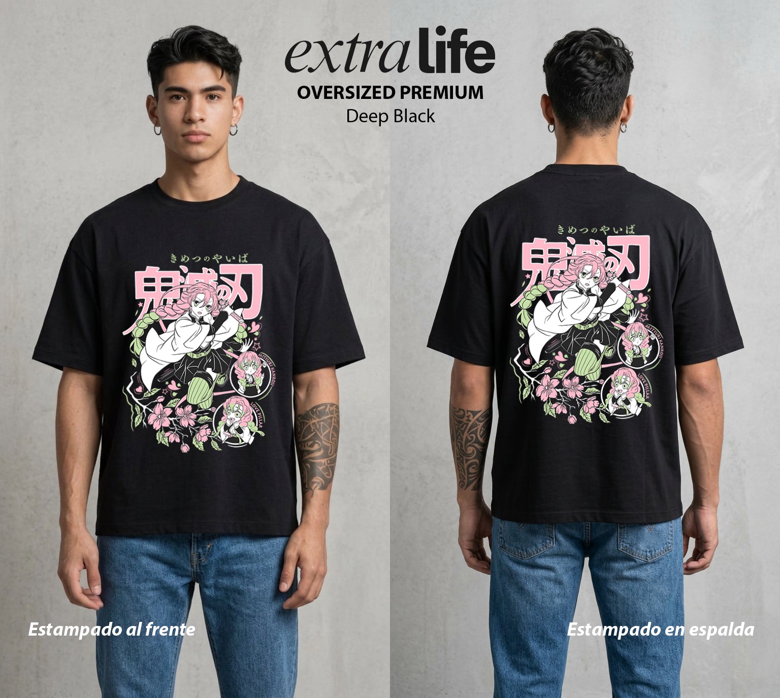 Cazadores de la Noche | Rosa y Fuerza #01093 - Playera Oversized Premium | Deep Black - Foto en modelo