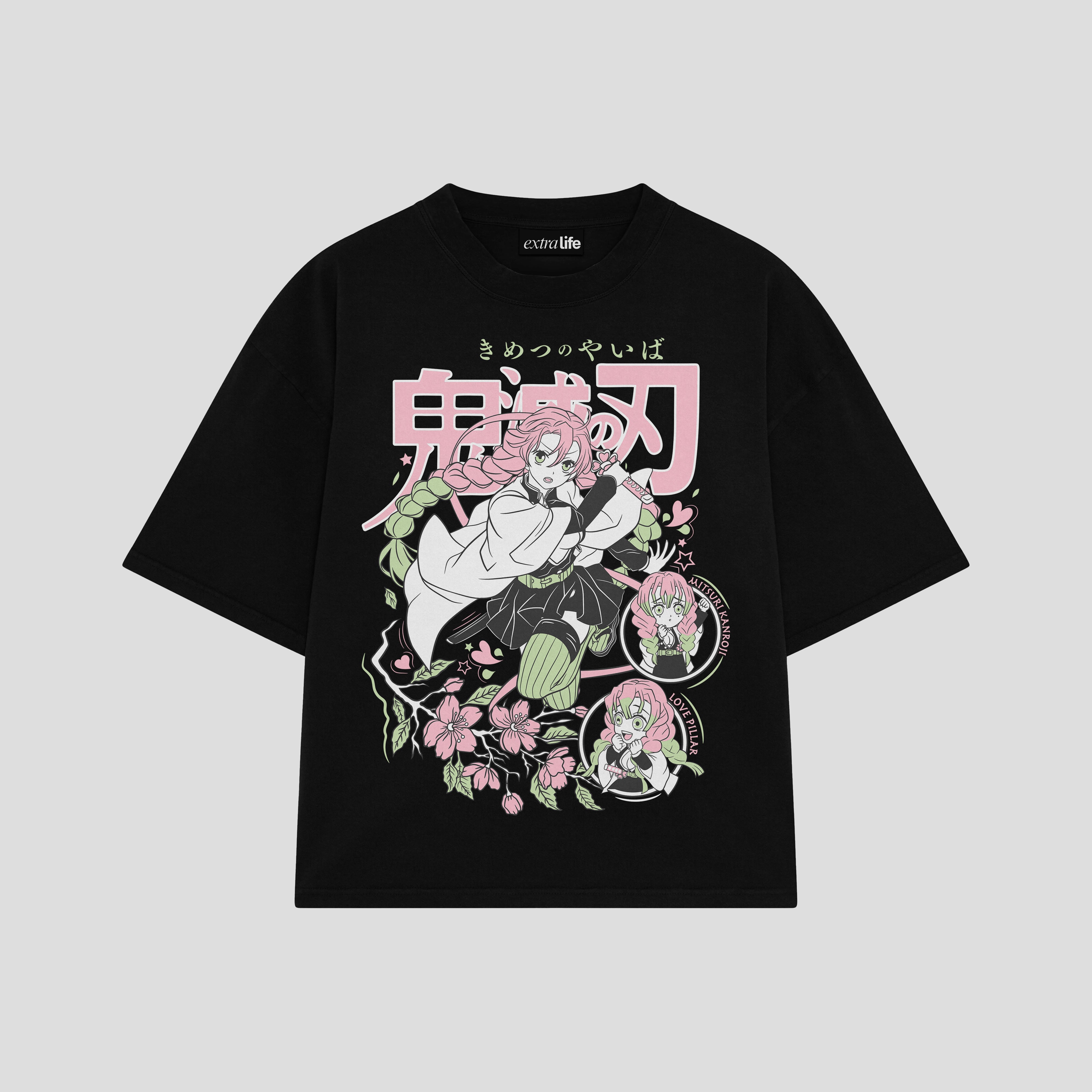 Playera streetwear premium de anime y gaming ExtraLife MX, corte boxy oversized drop shoulder heavyweight en color Deep Black y Off-White, moda urbana mexicana de culto.