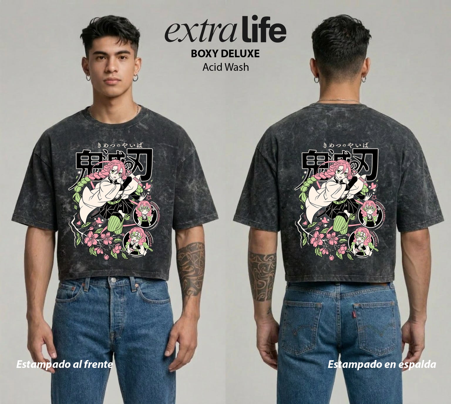 Playera streetwear premium de anime y gaming ExtraLife MX, corte boxy deluxe mineral wash heavyweight en color Acid Wash, moda urbana mexicana de culto.