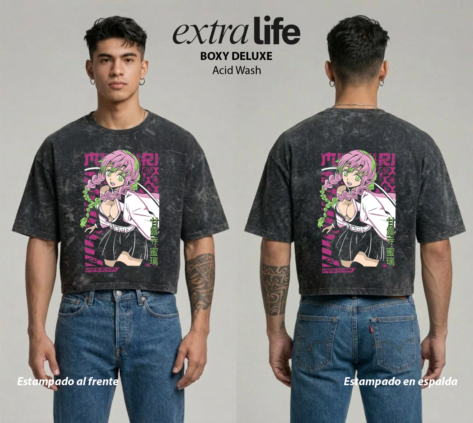 Playera streetwear premium de anime y gaming ExtraLife MX, corte boxy deluxe mineral wash heavyweight en color Acid Wash, moda urbana mexicana de culto.