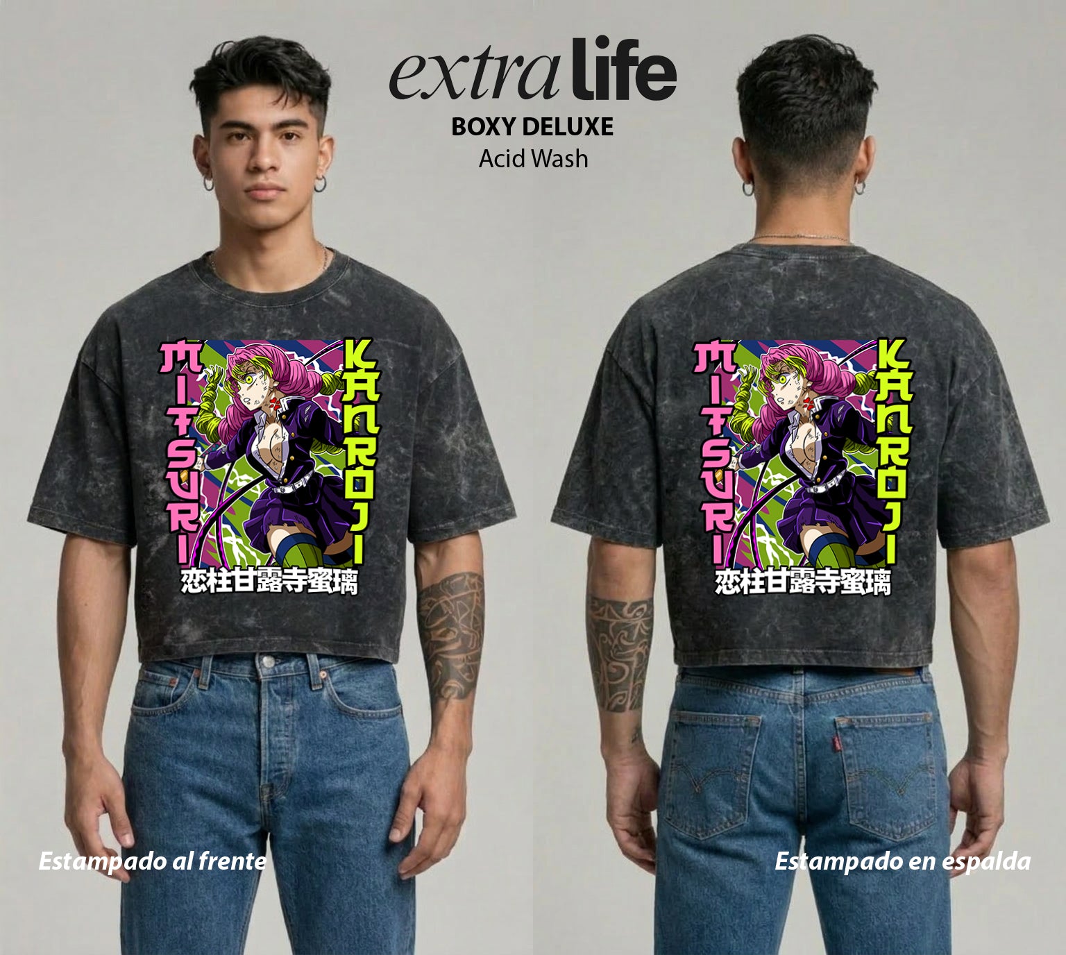 Playera streetwear premium de anime y gaming ExtraLife MX, corte boxy deluxe mineral wash heavyweight en color Acid Wash, moda urbana mexicana de culto.