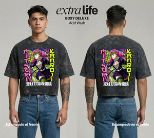 Playera streetwear premium de anime y gaming ExtraLife MX, corte boxy deluxe mineral wash heavyweight en color Acid Wash, moda urbana mexicana de culto.