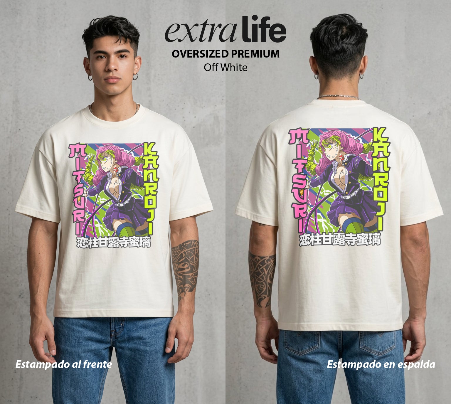 Cazadores de la Noche | Rosa y Fuerza #01098 - Playera Oversized Premium | Off White - Foto en modelo