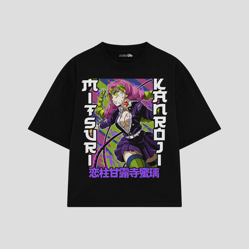 Playera streetwear premium de anime y gaming ExtraLife MX, corte boxy oversized drop shoulder heavyweight en color Deep Black y Off-White, moda urbana mexicana de culto.