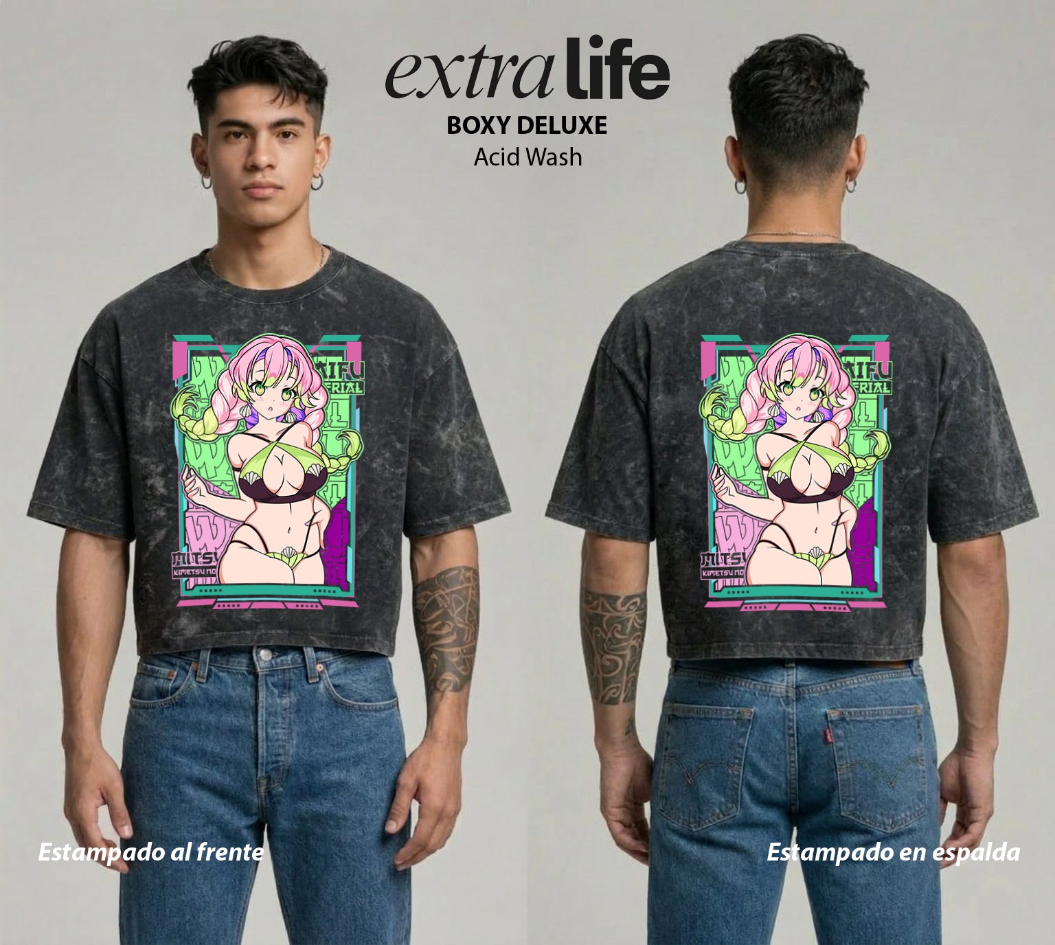 Playera streetwear premium de anime y gaming ExtraLife MX, corte boxy deluxe mineral wash heavyweight en color Acid Wash, moda urbana mexicana de culto.