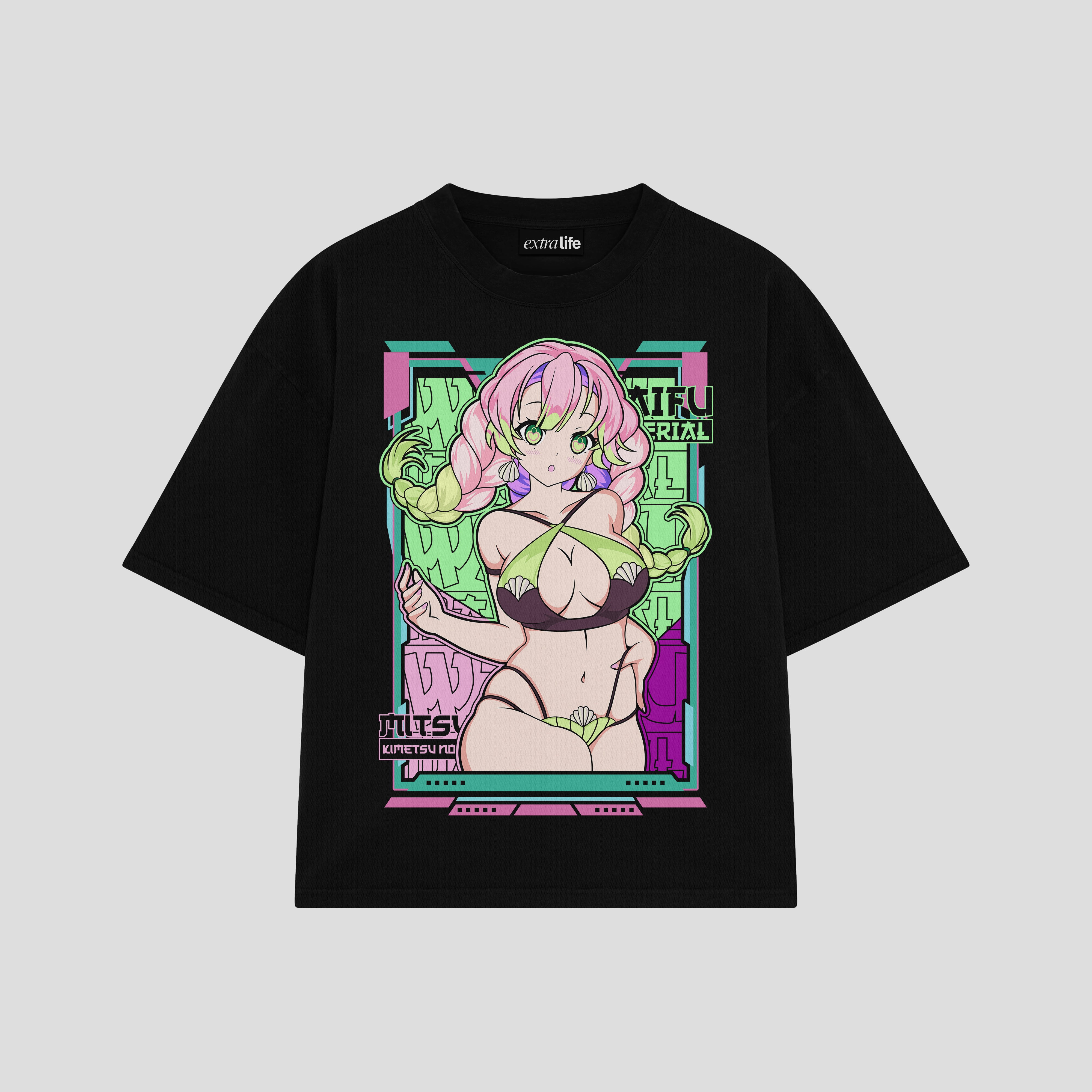 Playera streetwear premium de anime y gaming ExtraLife MX, corte boxy oversized drop shoulder heavyweight en color Deep Black y Off-White, moda urbana mexicana de culto.