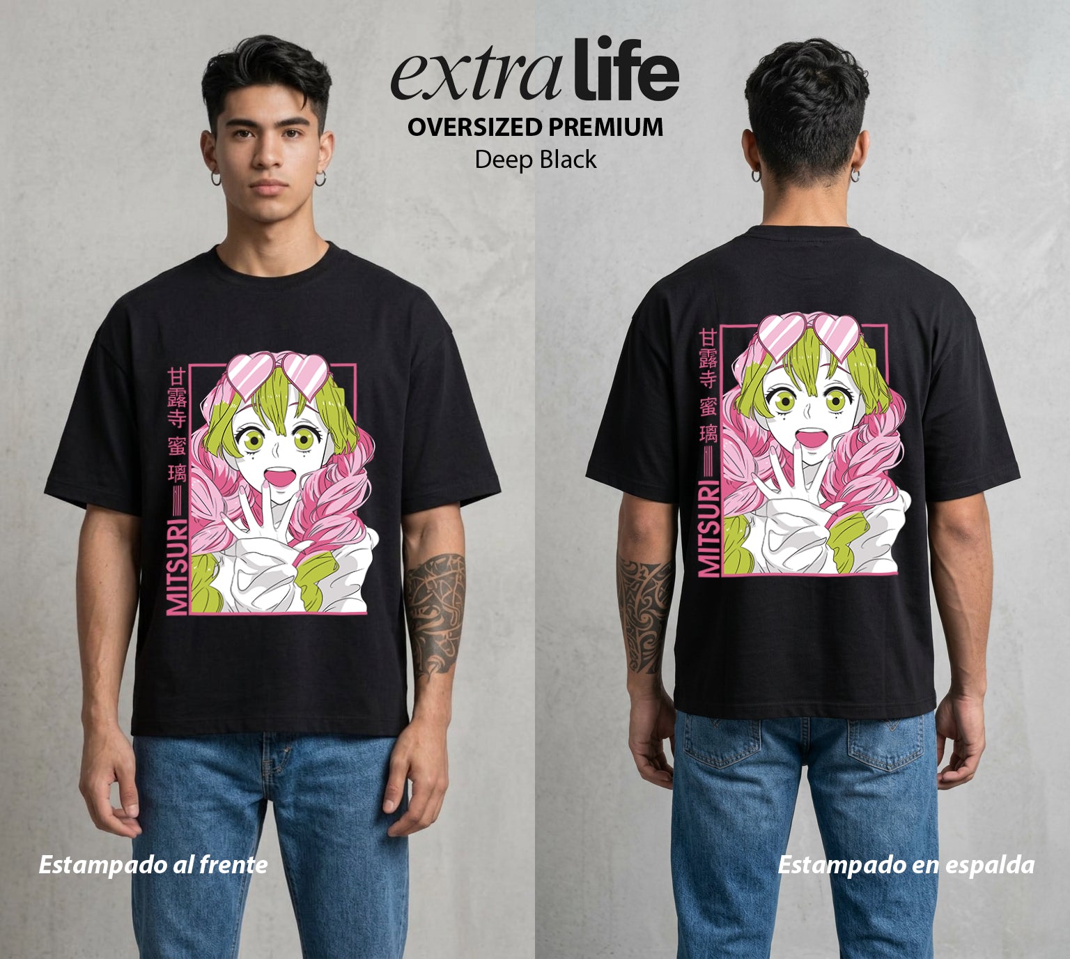 Cazadores de la Noche | Rosa y Fuerza #01103 - Playera Oversized Premium | Deep Black - Foto en modelo