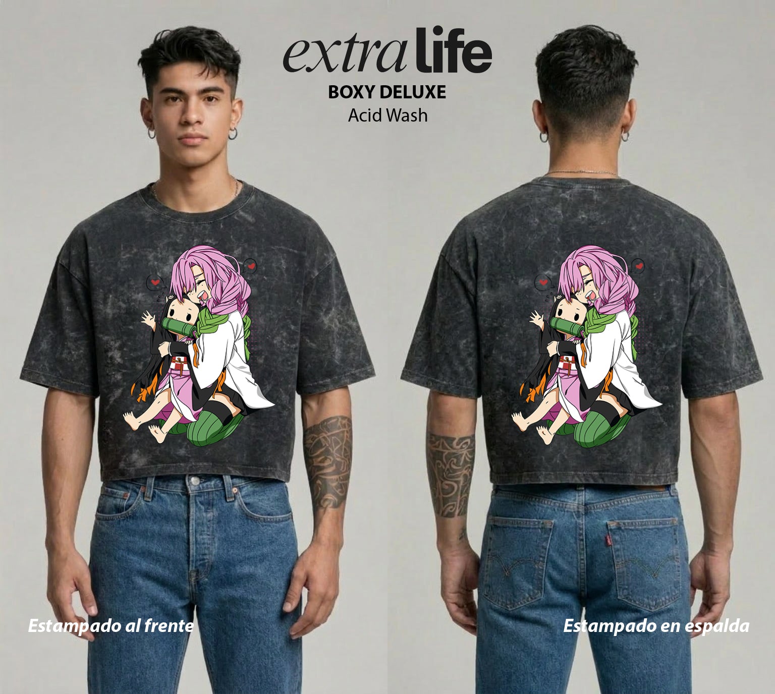 Playera streetwear premium de anime y gaming ExtraLife MX, corte boxy deluxe mineral wash heavyweight en color Acid Wash, moda urbana mexicana de culto.