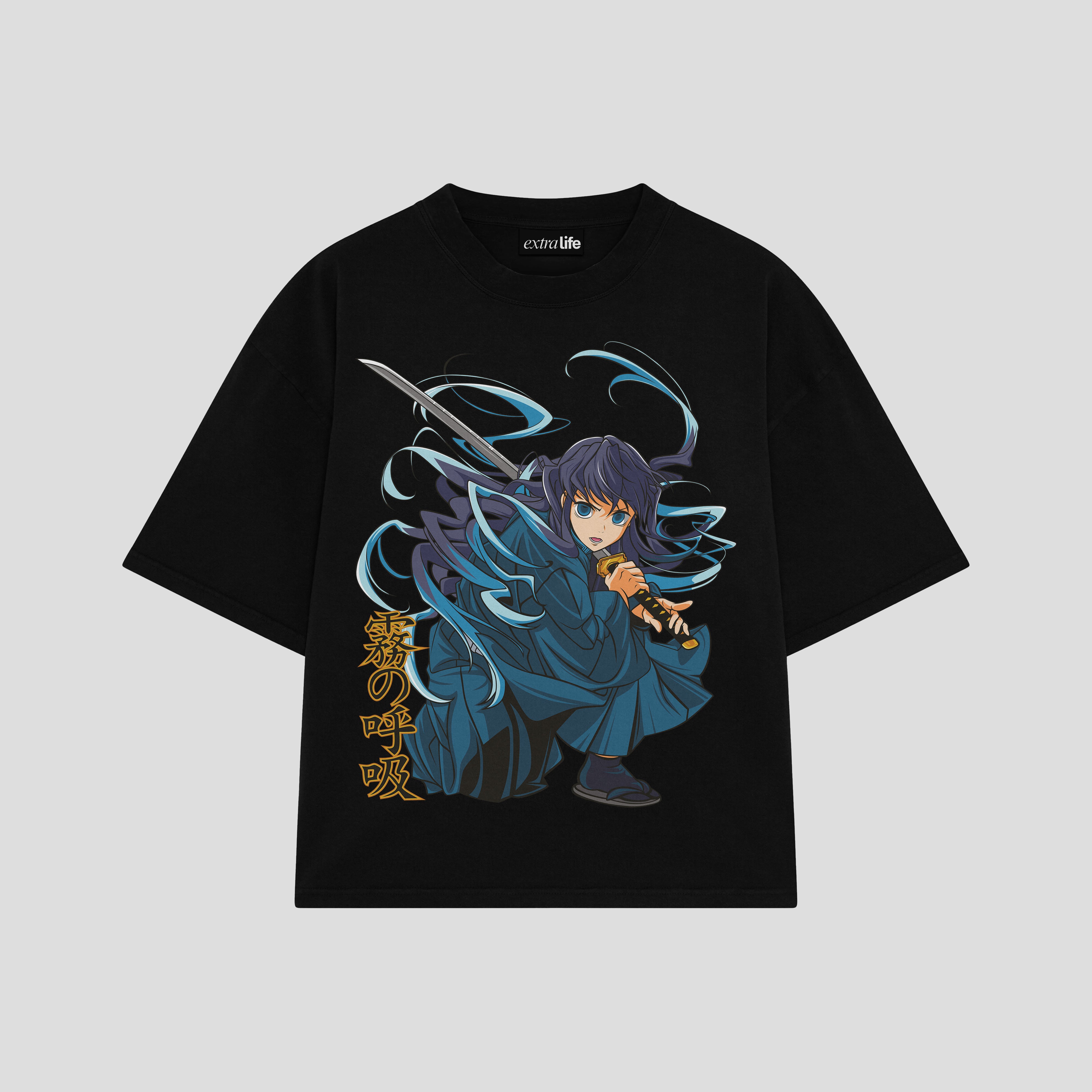 Playera streetwear premium de anime y gaming ExtraLife MX, corte boxy oversized drop shoulder heavyweight en color Deep Black y Off-White, moda urbana mexicana de culto.