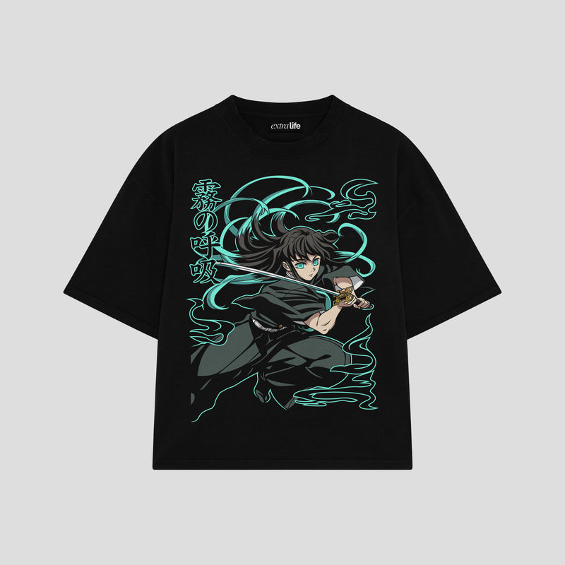 Playera streetwear premium de anime y gaming ExtraLife MX, corte boxy oversized drop shoulder heavyweight en color Deep Black y Off-White, moda urbana mexicana de culto.