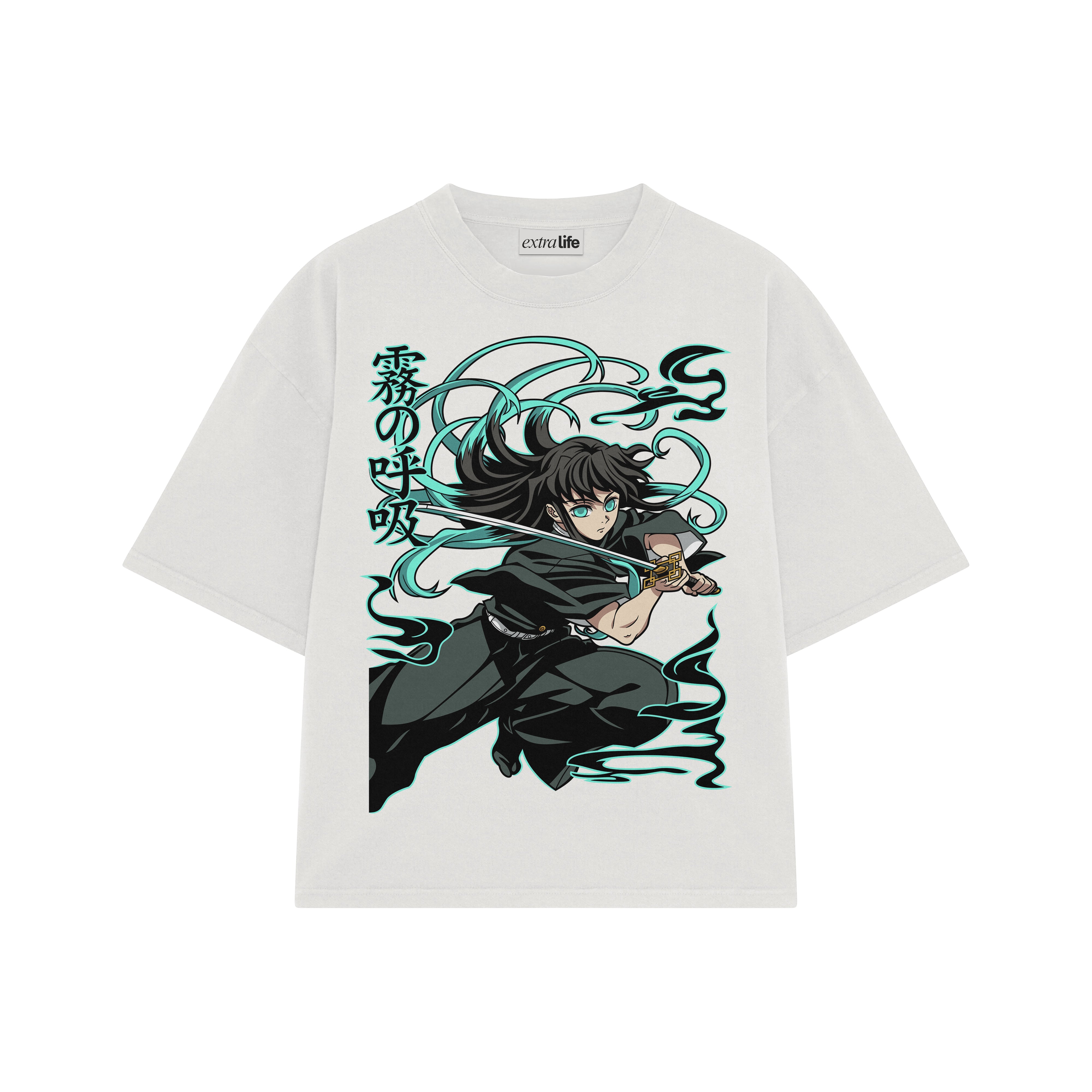 Playera streetwear premium de anime y gaming ExtraLife MX, corte boxy oversized drop shoulder heavyweight en color Deep Black y Off-White, moda urbana mexicana de culto.