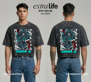 Playera streetwear premium de anime y gaming ExtraLife MX, corte boxy deluxe mineral wash heavyweight en color Acid Wash, moda urbana mexicana de culto.