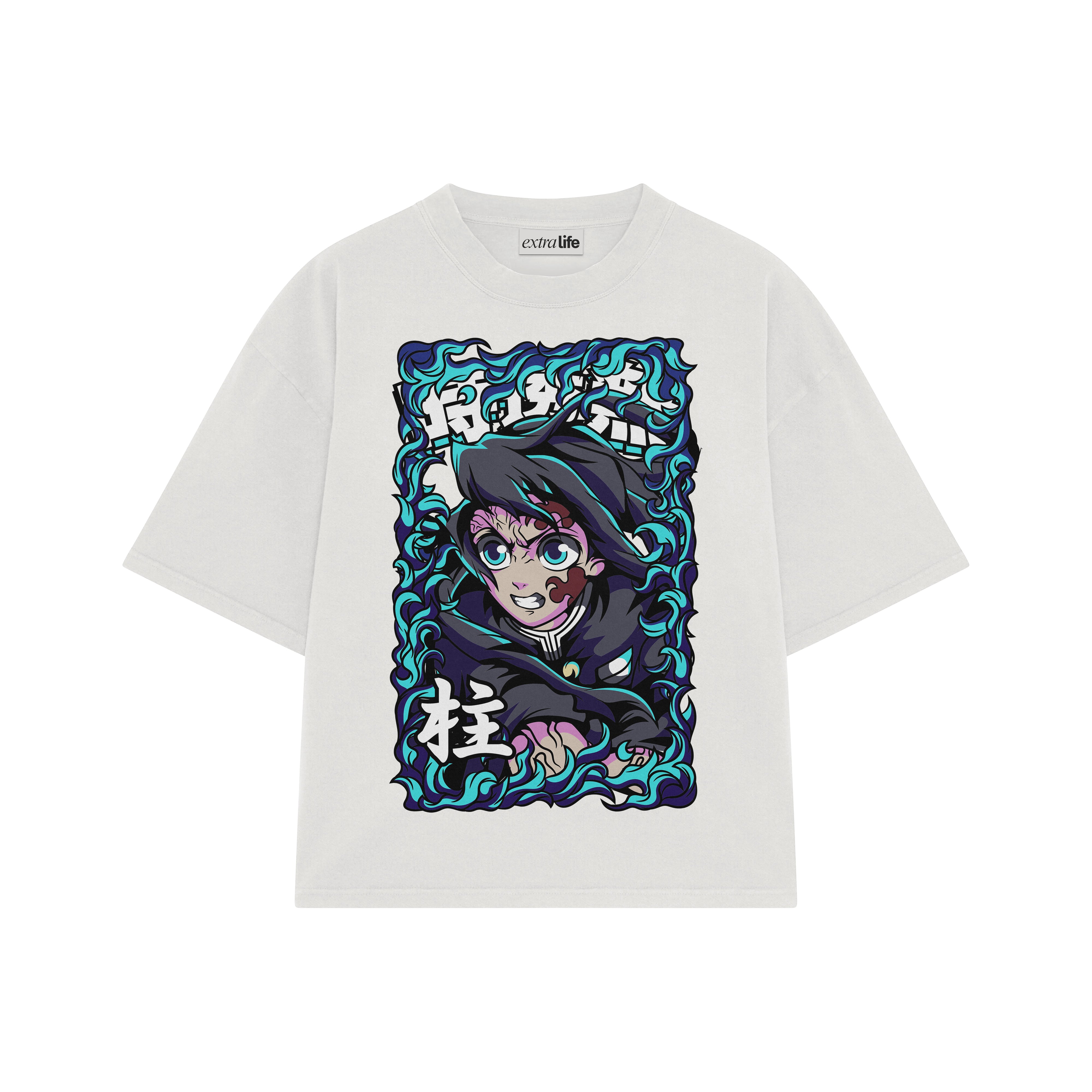 Playera streetwear premium de anime y gaming ExtraLife MX, corte boxy oversized drop shoulder heavyweight en color Deep Black y Off-White, moda urbana mexicana de culto.