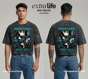 Playera streetwear premium de anime y gaming ExtraLife MX, corte boxy deluxe mineral wash heavyweight en color Acid Wash, moda urbana mexicana de culto.