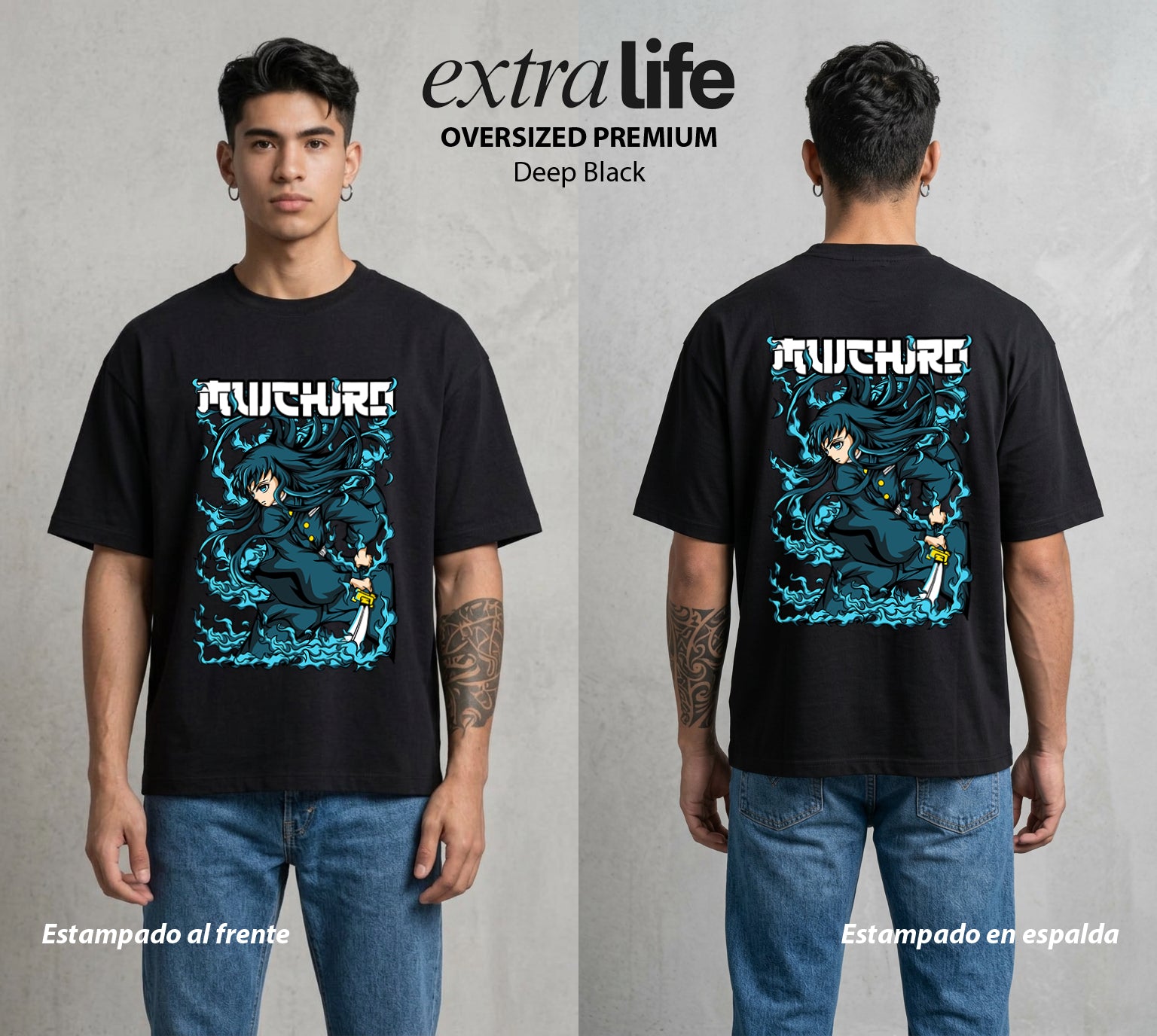 Cazadores de la Noche | El Joven del Pilar #01116 - Playera Oversized Premium | Deep Black - Foto en modelo