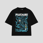 Playera streetwear premium de anime y gaming ExtraLife MX, corte boxy oversized drop shoulder heavyweight en color Deep Black y Off-White, moda urbana mexicana de culto.