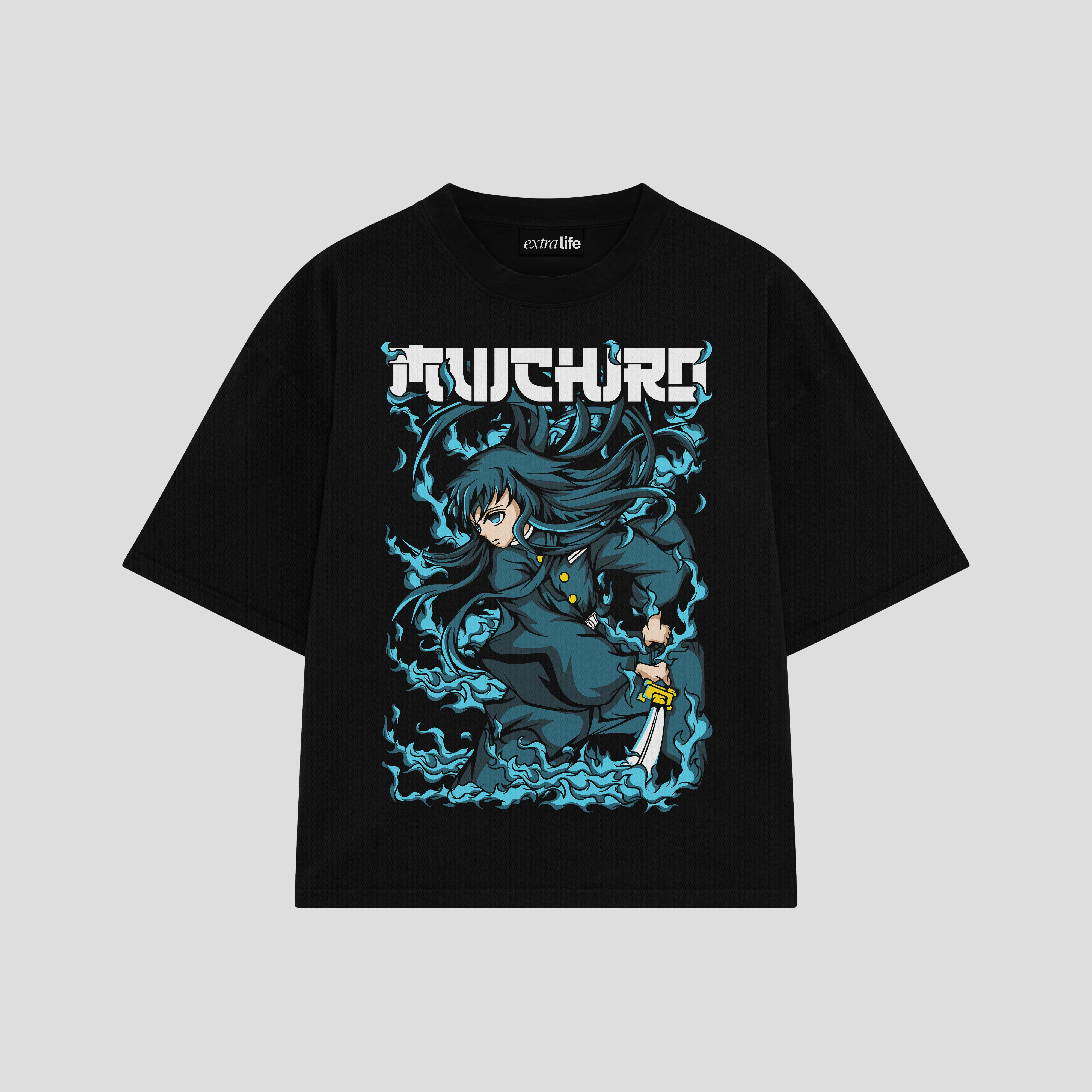 Playera streetwear premium de anime y gaming ExtraLife MX, corte boxy oversized drop shoulder heavyweight en color Deep Black y Off-White, moda urbana mexicana de culto.