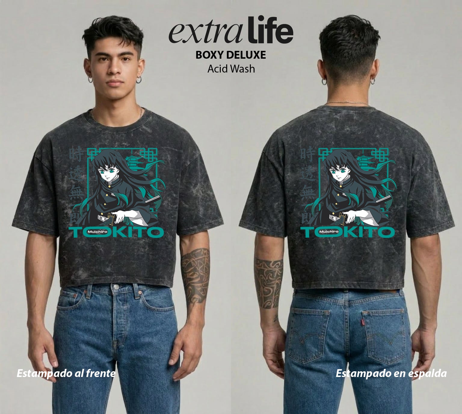 Playera streetwear premium de anime y gaming ExtraLife MX, corte boxy deluxe mineral wash heavyweight en color Acid Wash, moda urbana mexicana de culto.