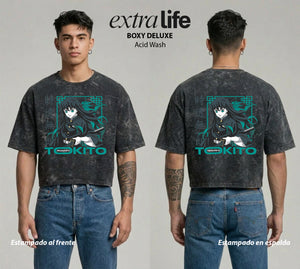 Playera streetwear premium de anime y gaming ExtraLife MX, corte boxy deluxe mineral wash heavyweight en color Acid Wash, moda urbana mexicana de culto.