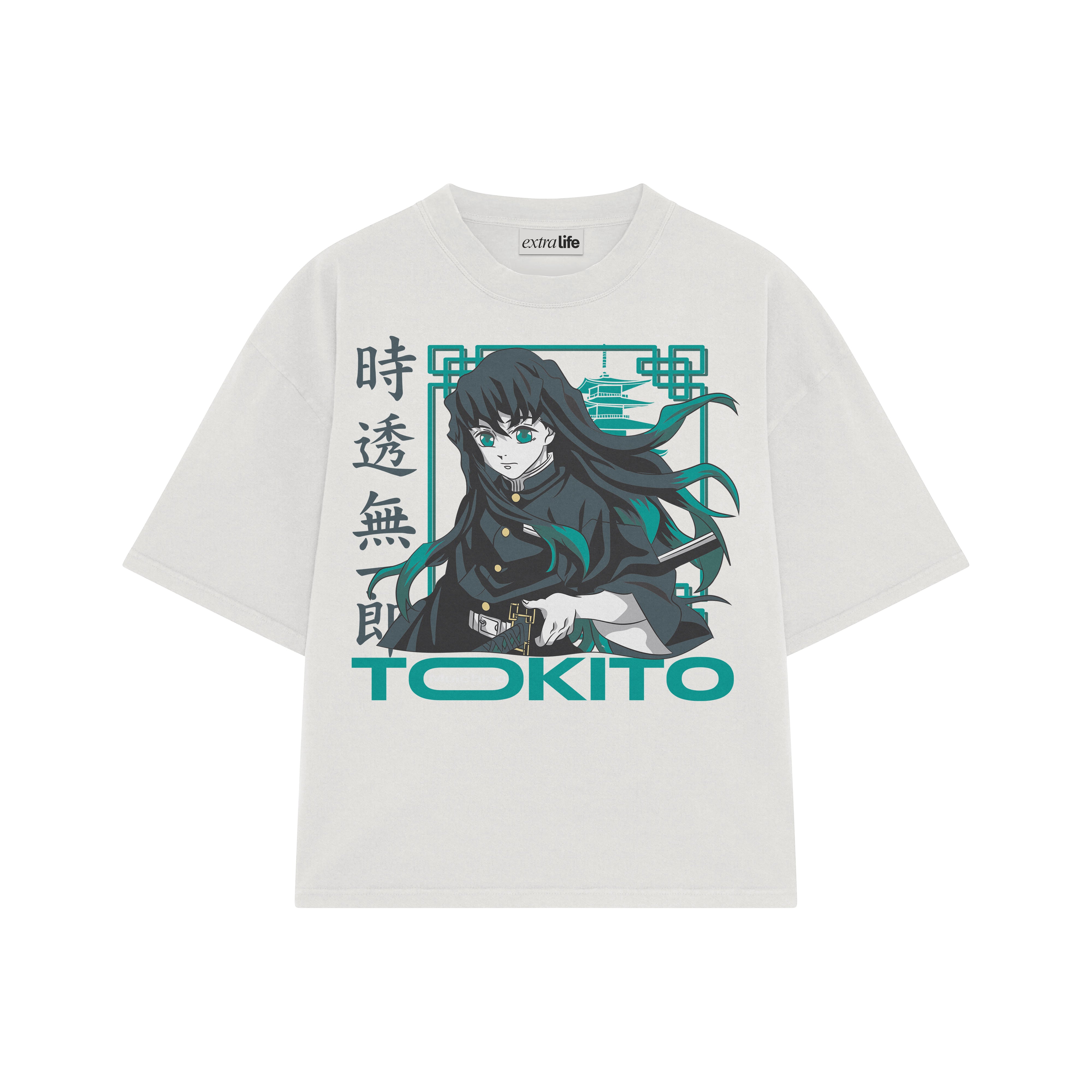 Playera streetwear premium de anime y gaming ExtraLife MX, corte boxy oversized drop shoulder heavyweight en color Deep Black y Off-White, moda urbana mexicana de culto.