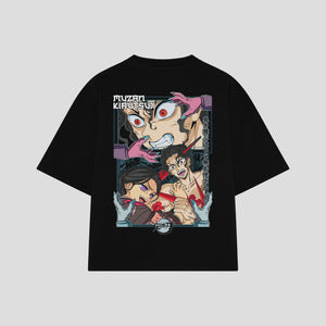 Playera streetwear premium de anime y gaming ExtraLife MX, corte boxy oversized drop shoulder heavyweight en color Deep Black y Off-White, moda urbana mexicana de culto.