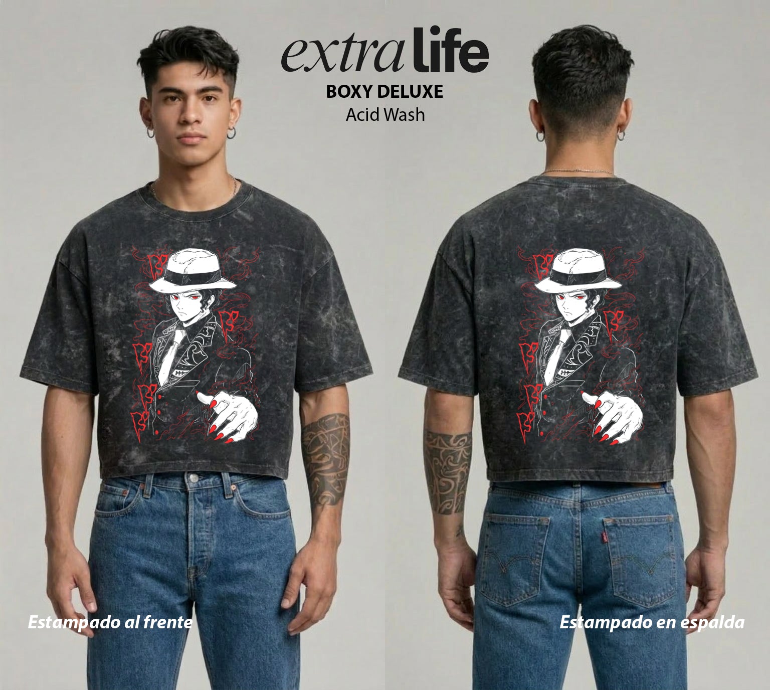 Playera streetwear premium de anime y gaming ExtraLife MX, corte boxy deluxe mineral wash heavyweight en color Acid Wash, moda urbana mexicana de culto.