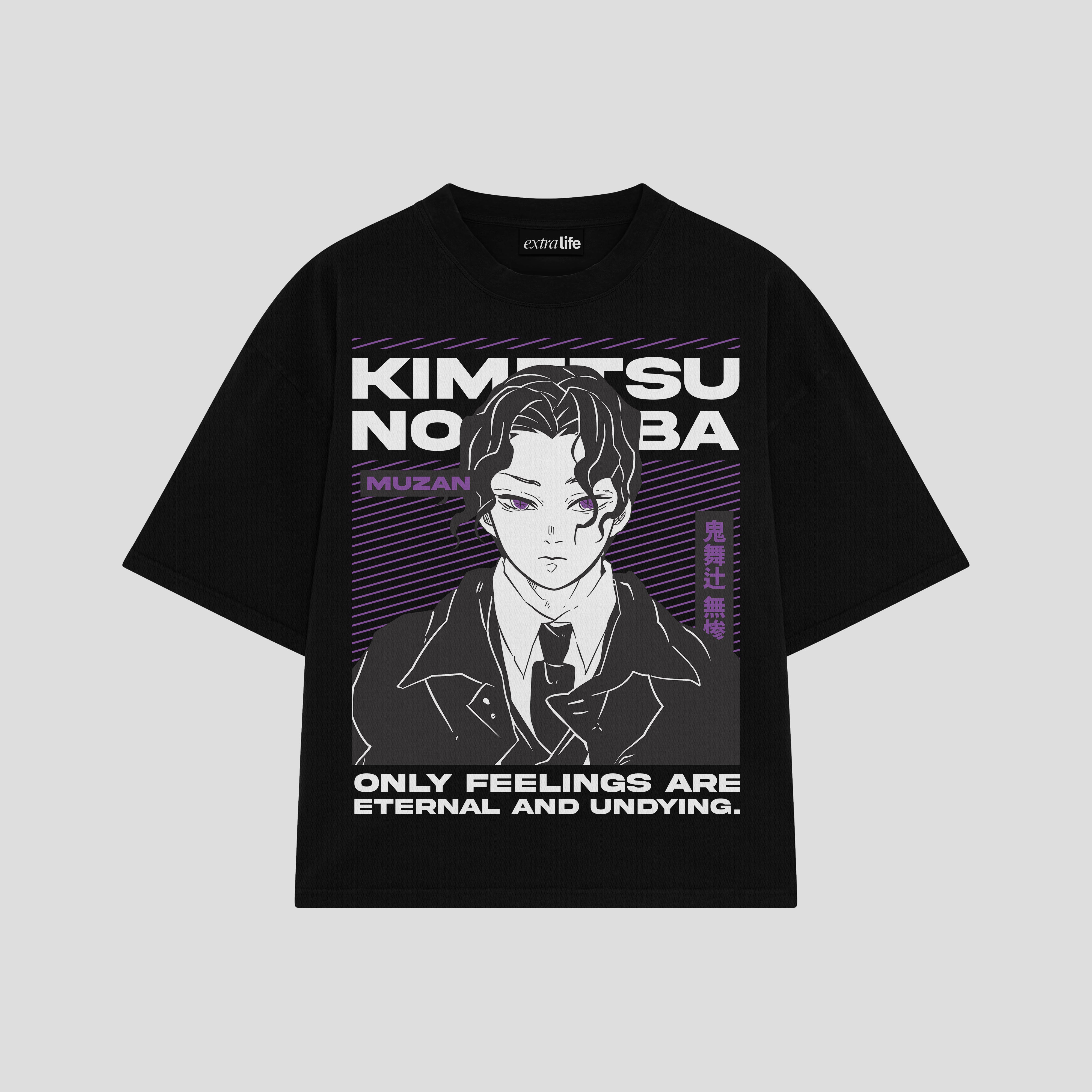Playera streetwear premium de anime y gaming ExtraLife MX, corte boxy oversized drop shoulder heavyweight en color Deep Black y Off-White, moda urbana mexicana de culto.