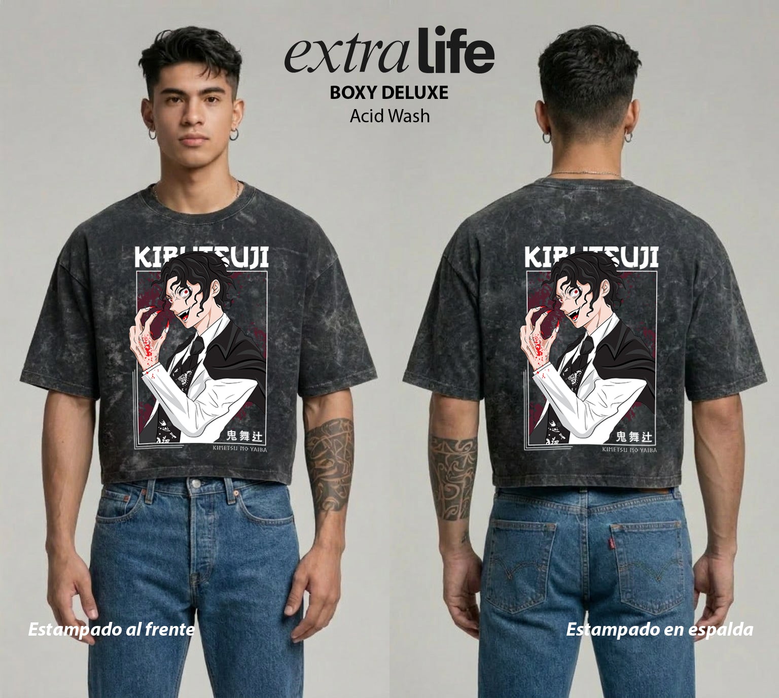 Playera streetwear premium de anime y gaming ExtraLife MX, corte boxy deluxe mineral wash heavyweight en color Acid Wash, moda urbana mexicana de culto.