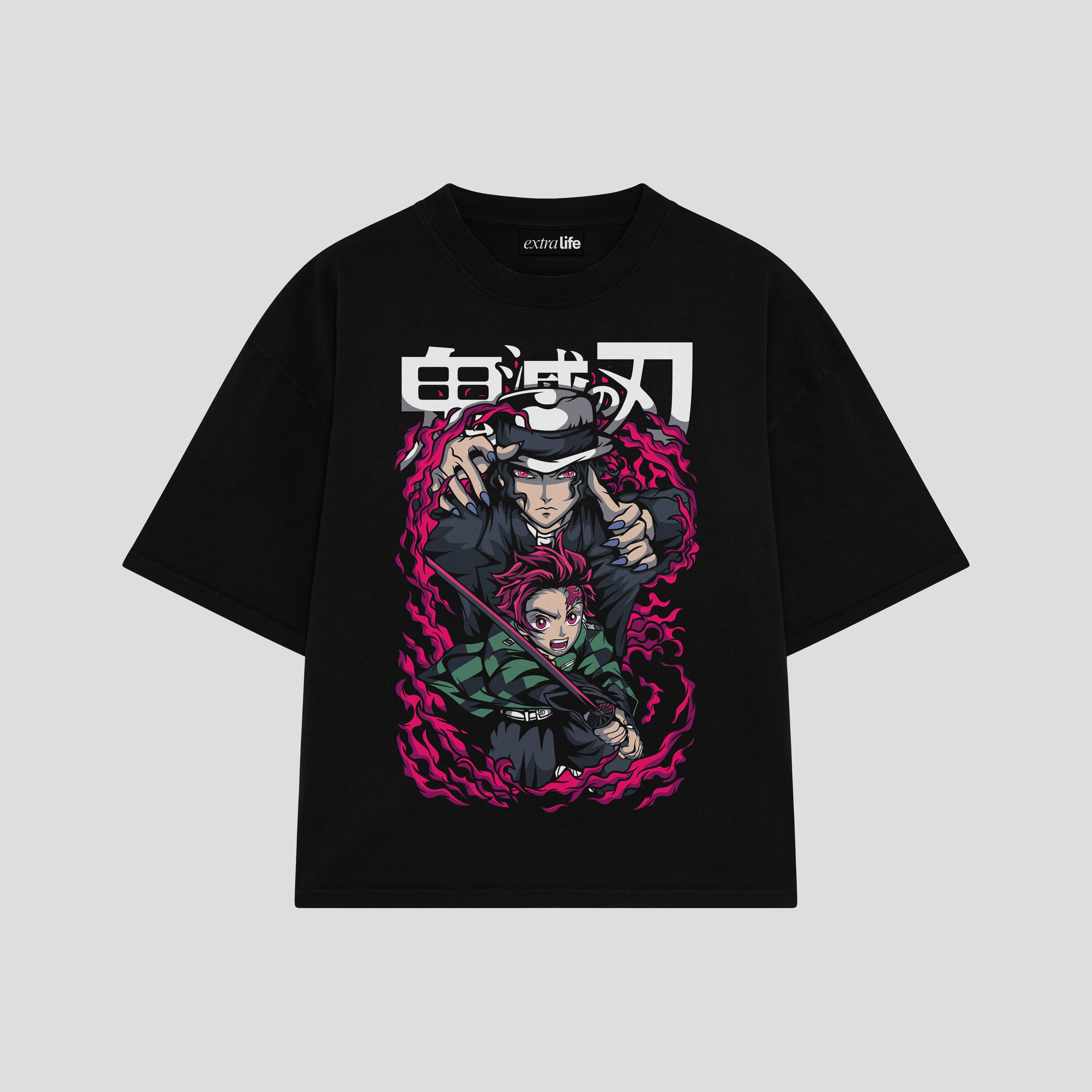 Playera streetwear premium de anime y gaming ExtraLife MX, corte boxy oversized drop shoulder heavyweight en color Deep Black y Off-White, moda urbana mexicana de culto.