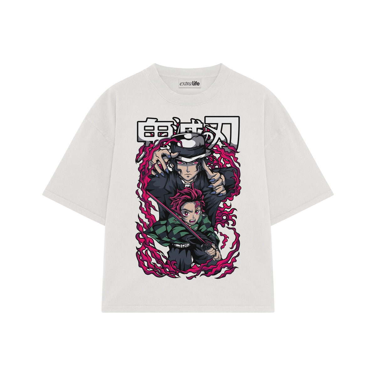 Playera streetwear premium de anime y gaming ExtraLife MX, corte oversized drop shoulder ligero y fresco en color Deep Black y Off-White, moda urbana mexicana de culto.