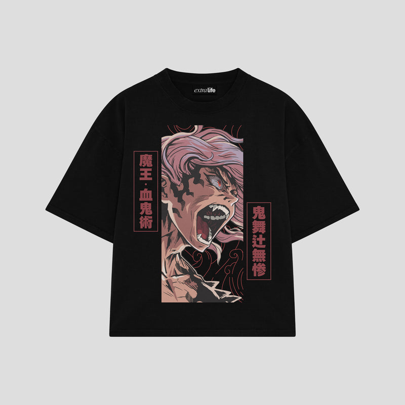 Playera streetwear premium de anime y gaming ExtraLife MX, corte boxy oversized drop shoulder heavyweight en color Deep Black y Off-White, moda urbana mexicana de culto.