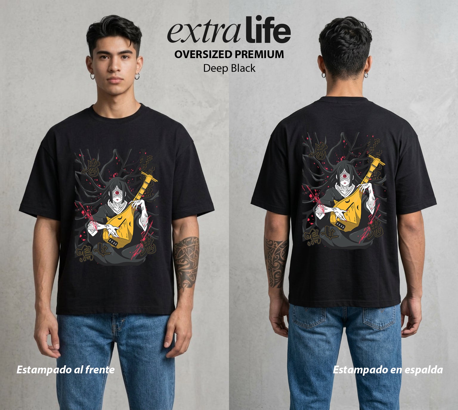 Cazadores de la Noche | Las Cuerdas del Castillo #01131 - Playera Oversized Premium | Deep Black - Foto en modelo