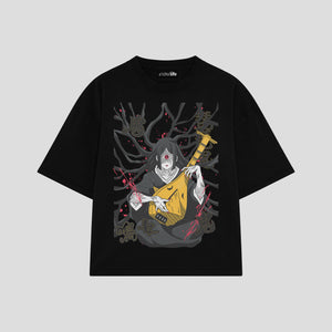 Playera streetwear premium de anime y gaming ExtraLife MX, corte boxy oversized drop shoulder heavyweight en color Deep Black y Off-White, moda urbana mexicana de culto.