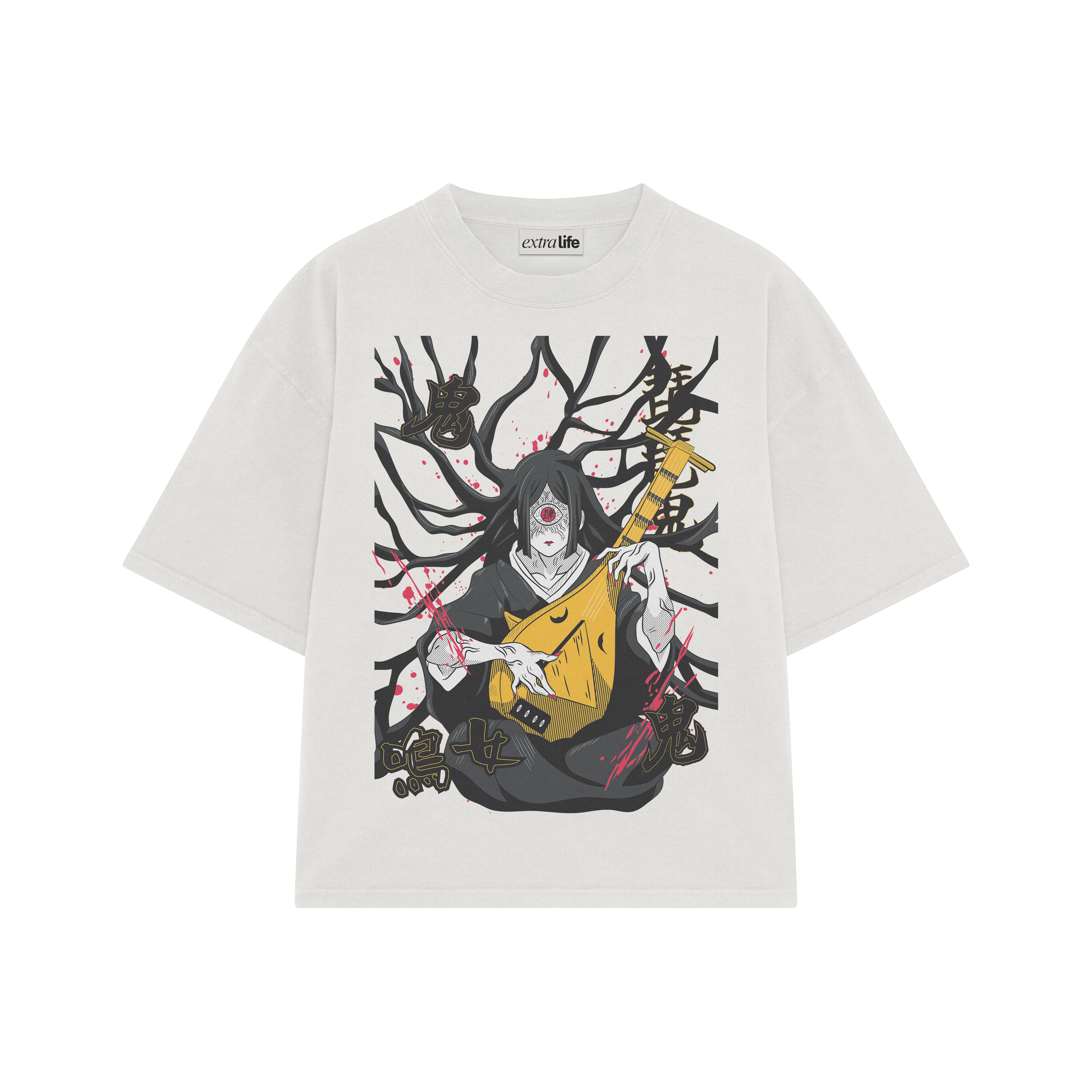 Playera streetwear premium de anime y gaming ExtraLife MX, corte boxy oversized drop shoulder heavyweight en color Deep Black y Off-White, moda urbana mexicana de culto.