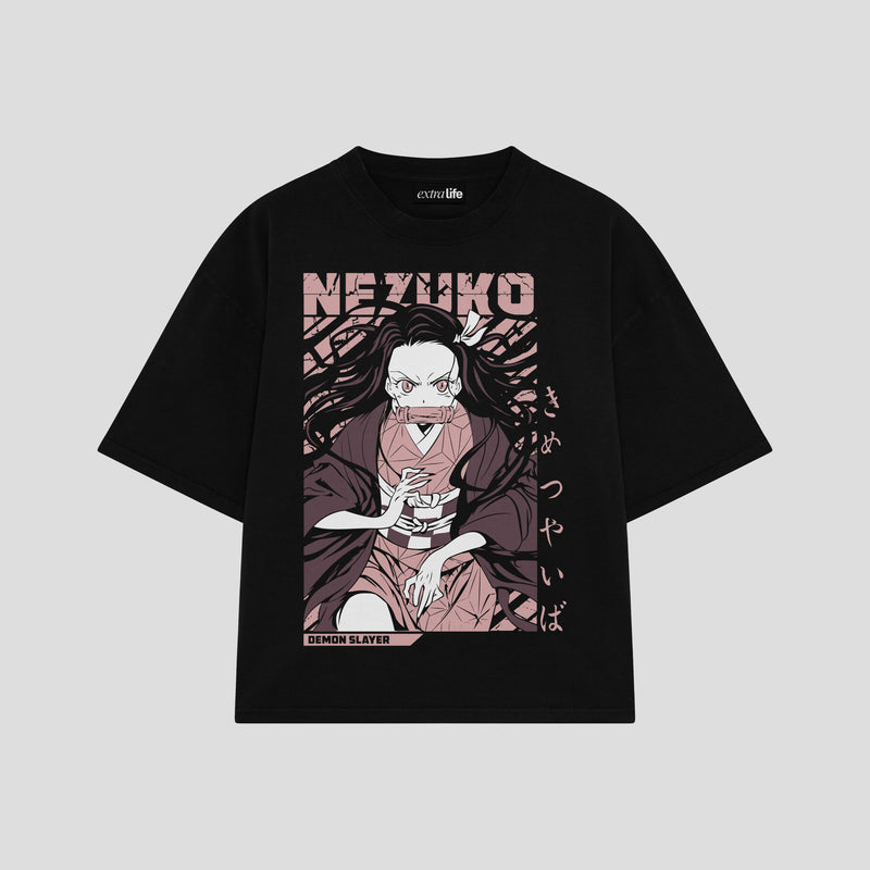 Playera streetwear premium de anime y gaming ExtraLife MX, corte boxy oversized drop shoulder heavyweight en color Deep Black y Off-White, moda urbana mexicana de culto.