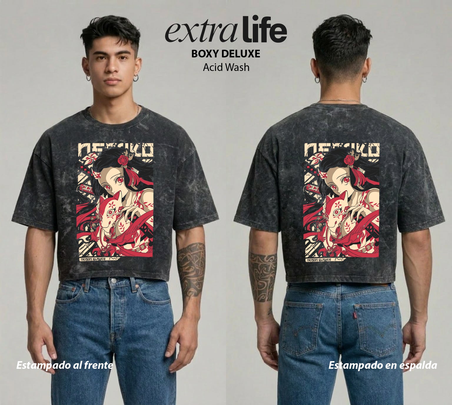 Playera streetwear premium de anime y gaming ExtraLife MX, corte boxy deluxe mineral wash heavyweight en color Acid Wash, moda urbana mexicana de culto.